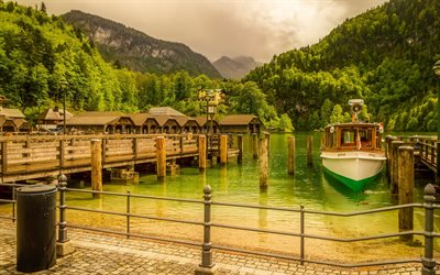 Koenigssee, mountains, lake, boats, Bavaria, Germany
