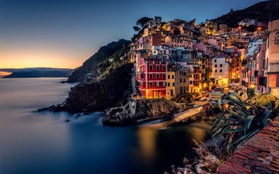Cinque Terre, 夜, 小さな町, リオマジョーレ, Liguria, Ligurian海, イタリア