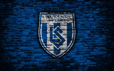4k, Lausanne FC, emblem, Switzerland Super League, brick wall, soccer, football, logo, Lausanne, Switzerland, brick texture, FC Lausanne