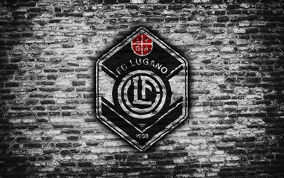 4k, Lugano FC, emblem, Switzerland Super League, brick wall, soccer, football, logo, Lugano, Switzerland, brick texture, FC Lugano