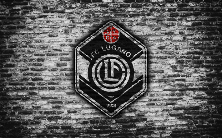 4k, Lugano FC, amblem, İsvi&#231;re S&#252;per Ligi, tuğla duvar, futbol, logo, Lugano, İsvi&#231;re, tuğla doku, FC Lugano