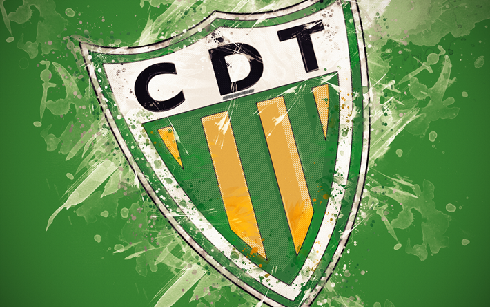 CD Tondela, 4k, boya, sanat, logo, yaratıcı, Portekiz futbol takımı, Ilk Lig, amblemi, yeşil arka plan, grunge tarzı, Tondela, Portekiz, futbol