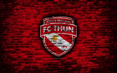 4k, Thun FC, emblem, Switzerland Super League, brick wall, soccer, football, logo, Thun, Switzerland, brick texture, FC Thun