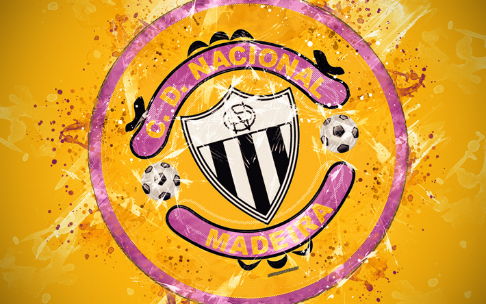 CD Nacional, 4k, boya, sanat, logo, yaratıcı, Portekiz futbol takımı, Ilk Lig, amblemi, sarı arka plan, grunge tarzı, L&#252;ks, Portekiz, futbol