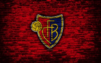 4k, Basel FC, emblem, Switzerland Super League, brick wall, soccer, football, logo, Basel, Switzerland, brick texture, FC Basel
