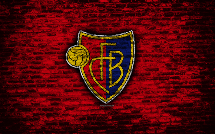 4k, FC Basilea, con el emblema de la S&#250;per Liga de Suiza, pared de ladrillos, f&#250;tbol, logotipo, Basilea, Suiza, textura de ladrillo, FC Basel