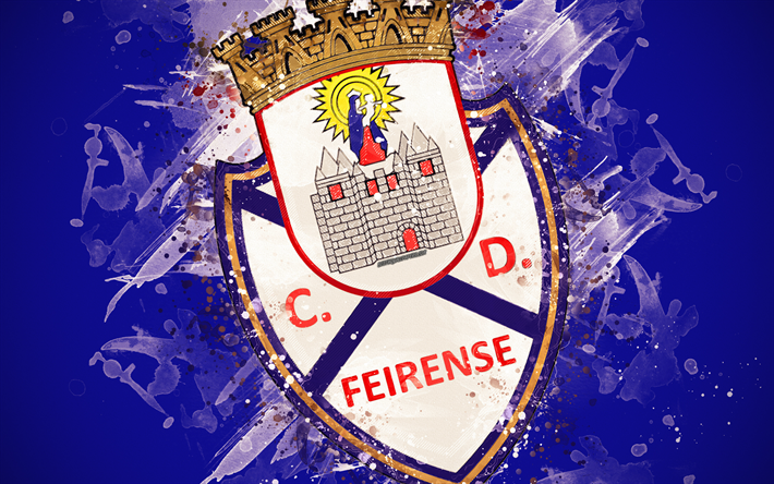 CD Feirense, 4k, الطلاء الفن, شعار, الإبداعية, البرتغالي لكرة القدم, الدوري الأول, خلفية زرقاء, أسلوب الجرونج, Santa Maria da Feira, البرتغال, كرة القدم