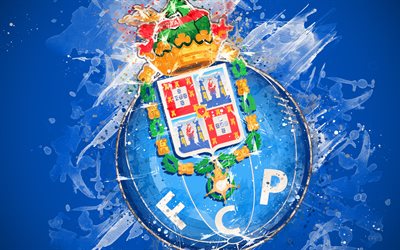 FC Porto, 4k, paint art, logo, creative, Portuguese football team, Primeira Liga, emblem, blue background, grunge style, Porto, Portugal, football