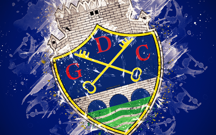 GD Chaves, 4k, paint taidetta, logo, luova, Portugalin jalkapallojoukkue, Ensimm&#228;inen Liiga, tunnus, sininen tausta, grunge-tyyliin, Chaves, Portugali, jalkapallo, Grupo Desportivo de Chaves