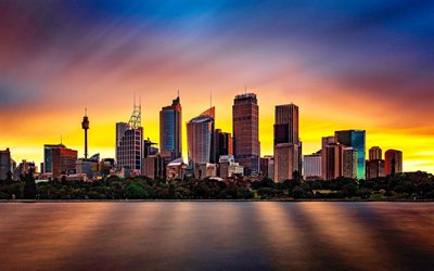 Sydney, puesta de sol, paisaje urbano, rascacielos, horizonte, Australia