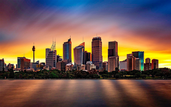 Sydney, coucher de soleil, paysage urbain, gratte-ciel, horizon, Australie