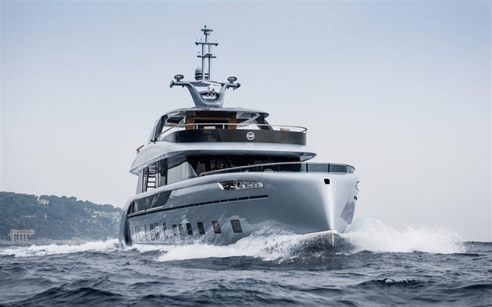 luxus-yacht, moderne schiffe, meer, wellen, silbrig-yacht