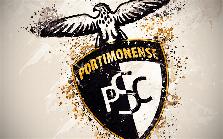 Portimonense SC, 4k, الطلاء الفن, شعار, الإبداعية, البرتغالي لكرة القدم, الدوري الأول, خلفية بيضاء, أسلوب الجرونج, بورتيماو, البرتغال, كرة القدم