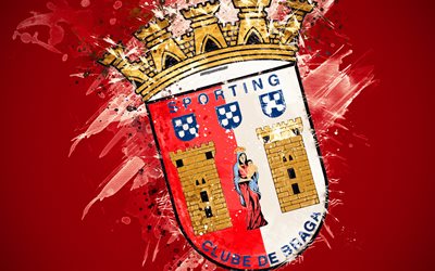 SC Braga, 4k, paint art, logo, creative, Portuguese football team, Primeira Liga, emblem, red background, grunge style, Braga, Portugal, football