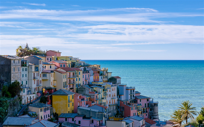 Ligurian Deniz, Manarola, renkli evler, deniz manzarası, resort, Riomaggiore, Baharat, Liguria, Italy