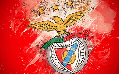 SL Benfica, 4k, paint art, logo, creative, Portuguese football team, Primeira Liga, emblem, red background, grunge style, Lisbon, Portugal, football