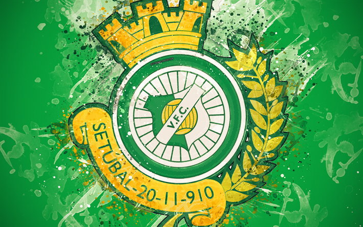 Vitoria Setubal FC, 4k, arte pittura, logo, creativo, portoghese squadra di calcio, Primeira Liga, emblema, verde, sfondo, grunge, stile, Setubal, Portogallo, calcio
