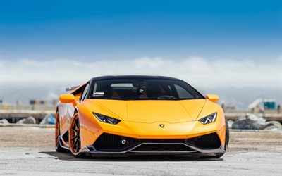 Lamborghini Huracan Performante, 2018, supercar, vue de face, orange Huracan, tuning, orange noir roues, des voitures de sport italiennes, Italie, Lamborghini