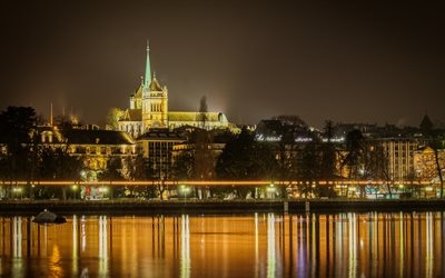 St Peters Cathedral, evening, city lights, cathedral, Geneva, Switzerland