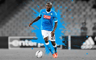 Kalidou Koulibaly, 4k, Napoli FC, art, french football player, splashes of paint, grunge art, creative art, Serie A, Italy, football