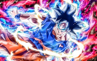 Ultra Instinkt Goku, eld, neon lights, DBS, 4k, Dragon Ball, Super Saiyan Gud, Dragon Ball Super, Migatte Ingen Gokui, Beh&#228;rskar Ultra Instinkt