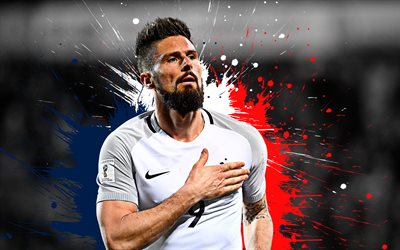 Olivier Giroud, 4k, France national football team, art, splashes of paint, grunge art, french footballer, creative art, France, football, flag of France