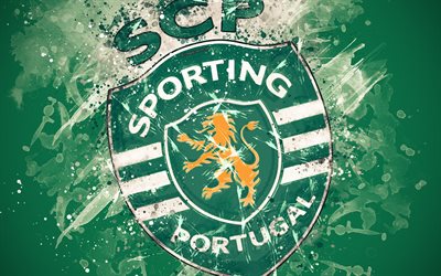 Sporting CP, 4k, paint art, logo, creative, Portuguese football team, Primeira Liga, emblem, green background, grunge style, Lisbon, Portugal, football, Sporting FC