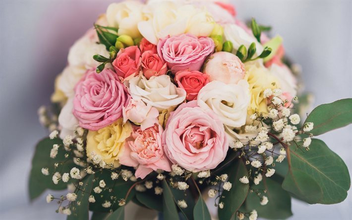 bouquet di nozze, rose, eustoma, multicolore rose, fresia, bouquet da sposa