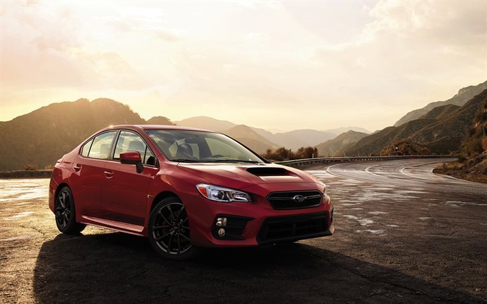 Subaru WRX, 2018, new Subaru, red WRX, sedan, mountains, road, sunset