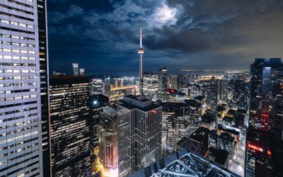 Toronto, CN Tower, skyskrapor, natt, Kanada, stadens ljus