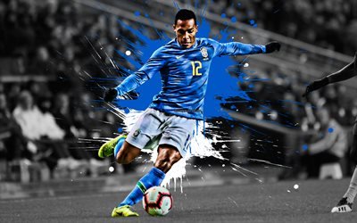 Alex Sandro, 4k, Brazil national football team, Brazilian football player, defender, blue white paint splashes, art, Brazil, football