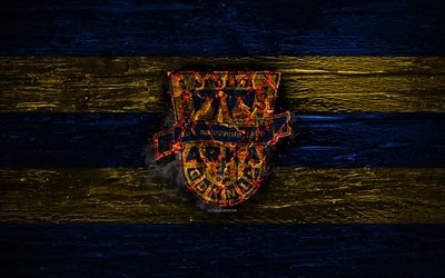 Arka Gdynia FC, fogo logotipo, Ekstraklasa, azul e amarelo linhas, clube de futebol polon&#234;s, grunge, futebol, Arka Gdynia logotipo, textura de madeira, Pol&#243;nia