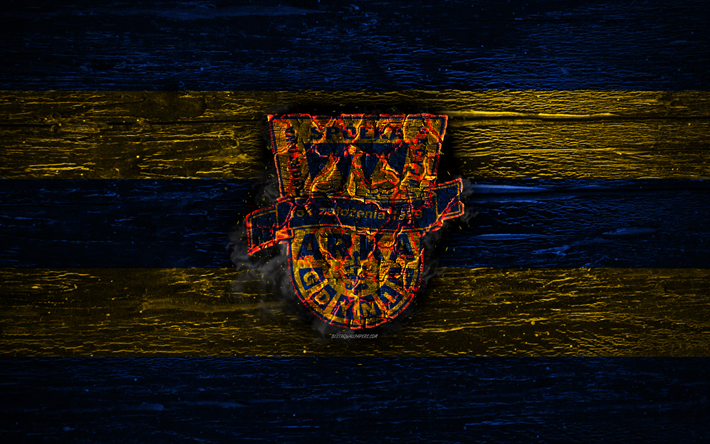 Arka Gdynia FC, fuoco, logo, Ekstraklasa, blu e giallo linee, polacco football club, grunge, calcio, calcio Arka Gdynia logo, di legno, texture, Polonia