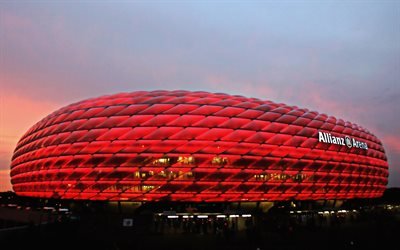 El estadio Allianz Arena, Munich, Alemania, estadio de f&#250;tbol, noche, luces rojas, modernos estadios deportivos, alem&#225;n estadios, el Bayern de M&#250;nich Estadio