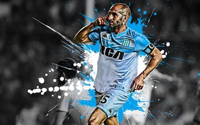 Lisandro Lopez, 4k, Argentinian football player, Racing Club, striker, blue white paint splashes, creative art, Argentina, football, grunge, Racing Club de Avellaneda