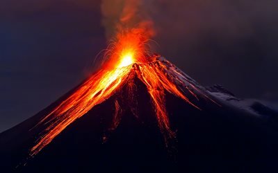Tungurahua, eruzione vulcanica, Sucre Ande, Ecuador, vulcani attivi, montagne, lava, notte, vulcano
