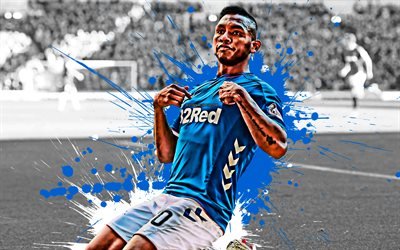 Alfredo Morelos, 4k, Colombian football player, Rangers FC, striker, blue white paint splashes, creative art, Scotland, football, grunge