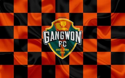 Gangwon FC, 4k, logo, yaratıcı sanat, turuncu siyah damalı bayrak, G&#252;ney Kore Futbol Kul&#252;b&#252;, K 1 Lig, ipek doku, Gangwon, G&#252;ney Kore, futbol