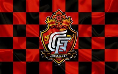 gyeongnam fc, 4k, logo, kunst, rot-schwarz-karierte flagge, s&#252;dkoreanische fu&#223;ball-club, k-league 1, seide textur, changwon, s&#252;d-korea, fu&#223;ball