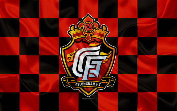 Gyeongnam FC, 4k, logo, yaratıcı sanat, kırmızı siyah damalı bayrak, G&#252;ney Kore Futbol Kul&#252;b&#252;, K 1 Lig, ipek doku, Changwon, G&#252;ney Kore, futbol