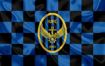 Incheon United FC, 4k, logo, art cr&#233;atif, bleu noir drapeau &#224; damier, le Sud-cor&#233;en du club de football, K de la Ligue 1, soie, texture, Incheon, Cor&#233;e du Sud, le football