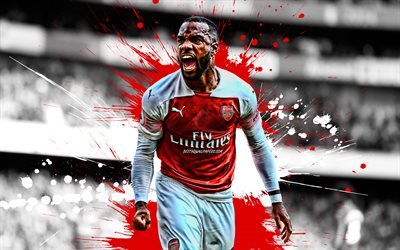 4k, Alexandre Lacazette, red and white splashes, Arsenal FC, french footballers, soccer, Lacazette, Premier League, football, The Gunners, grunge