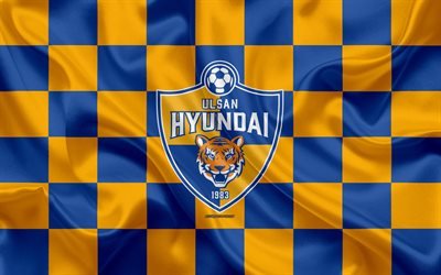 Ulsan Hyundai FC, 4k, logo, creativo, arte, blu, arancione, bandiera a scacchi, corea del Sud football club, K League 1, consistenza setosa, Ulsan, Corea del Sud, calcio
