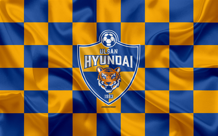 Ulsan Hyundai FC, 4k, logo, creative art, sininen oranssi ruudullinen lippu, Etel&#228;-Korean football club, K-League 1, silkki tekstuuri, Ulsan, Etel&#228;-Korea, jalkapallo