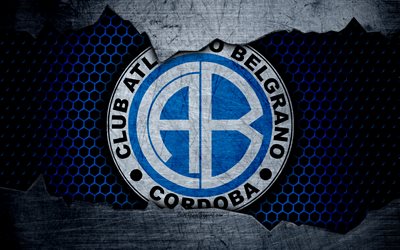 Belgrano, 4k, Superliga, logo, grunge, Arjantin, futbol, Atletico Belgrano Futbol Kul&#252;b&#252;, metal doku, sanat, Belgrano FC