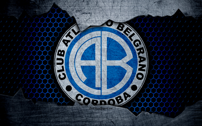 Belgrano, 4k, Superliga, logo, grunge, Argentiina, jalkapallo, Atletico Belgrano football club, metalli rakenne, art, Belgrano FC