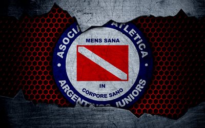 O Argentinos Juniors, 4k, Superliga, logo, grunge, Argentina, futebol, clube de futebol, textura de metal, arte, Argentinos Juniors FC