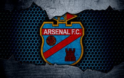Arsenal Sarandi, 4k, Superliga, logo, grunge, Argentina, futebol, clube de futebol, textura de metal, arte, Arsenal Sarandi FC