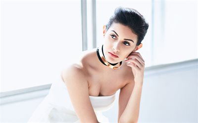 Amyra Dastur, portrait, 4k, Indian actress, white dress, a beautiful brunette, makeup, gold jewelry
