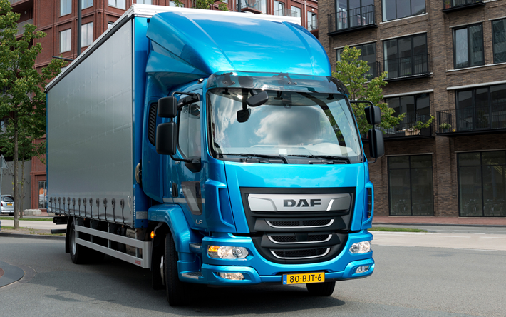 DAF LF, en 2017, de nouveaux camions, 4k, bleu LF, transport de marchandises